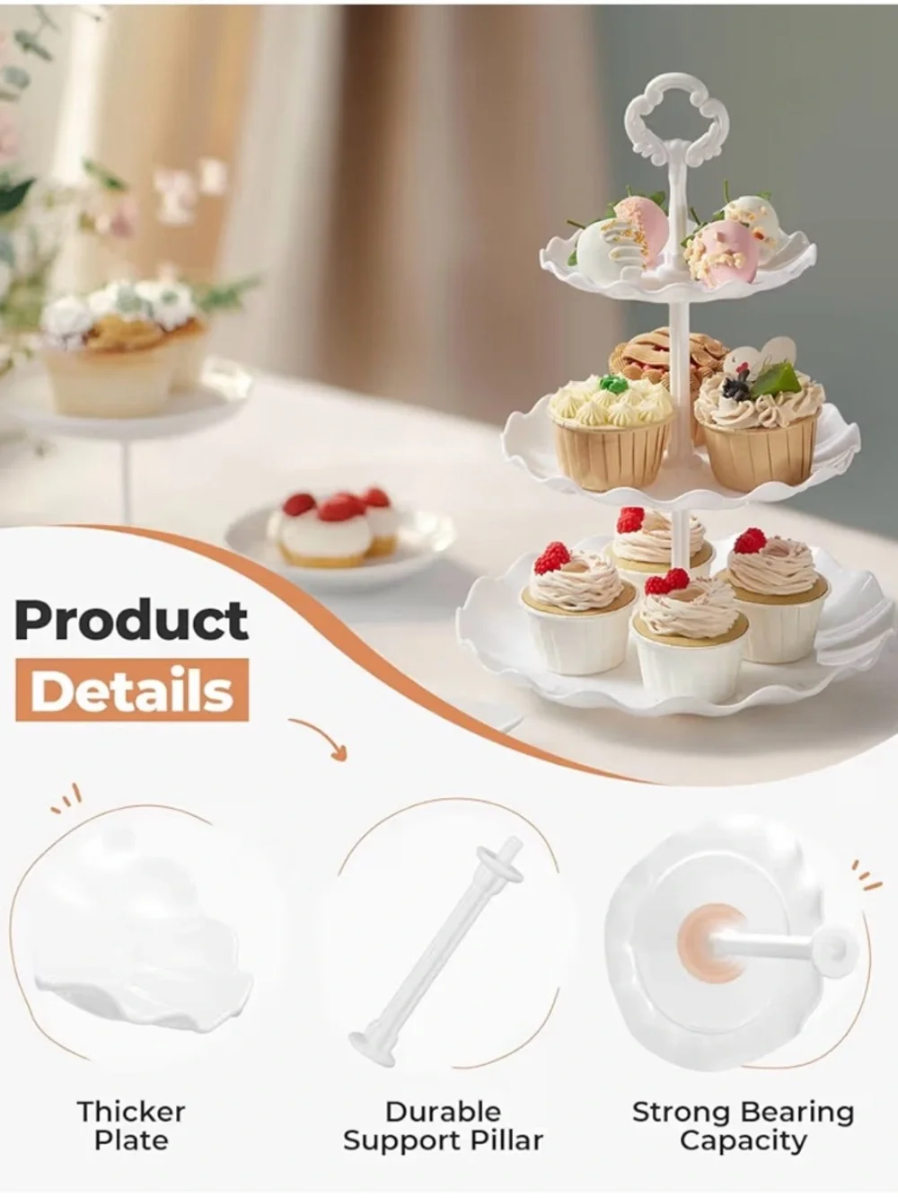 White Scalloped 3-Tier Dessert Stand & Tray Set for Parties